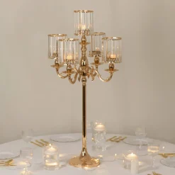 5-Arm Gold Metal Candelabra with Crystal Pendant Glass Shades for Pillar & LED Candles - 40 Inches