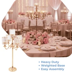 5-Arm Gold Metal Candelabra with Crystal Pendant Glass Shades for Pillar & LED Candles - 40 Inches