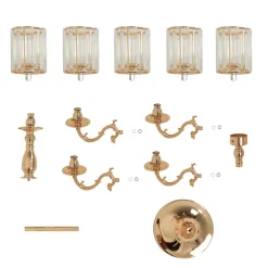 5-Arm Gold Metal Candelabra with Crystal Pendant Glass Shades for Pillar & LED Candles - 40 Inches