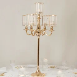 5-Arm Gold Metal Candelabra with Crystal Pendant Glass Shades for Pillar & LED Candles - 40 Inches