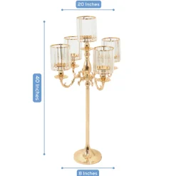 5-Arm Gold Metal Candelabra with Crystal Pendant Glass Shades for Pillar & LED Candles - 40 Inches