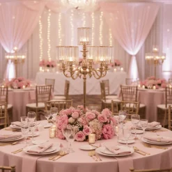 5-Arm Gold Metal Candelabra with Crystal Pendant Glass Shades for Pillar & LED Candles - 40 Inches