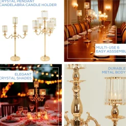 5-Arm Gold Metal Candelabra with Crystal Pendant Glass Shades for Pillar & LED Candles - 40 Inches