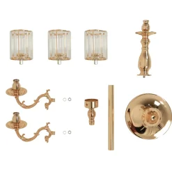 3-Arm Gold Metal Candelabra with Crystal Pendant Glass Shades for Pillar & LED Candles - 34 Inches