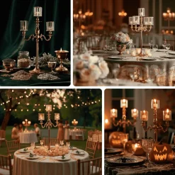 3-Arm Gold Metal Candelabra with Crystal Pendant Glass Shades for Pillar & LED Candles - 34 Inches