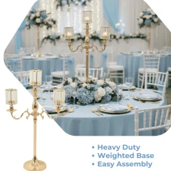 3-Arm Gold Metal Candelabra with Crystal Pendant Glass Shades for Pillar & LED Candles - 34 Inches