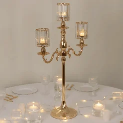 3-Arm Gold Metal Candelabra with Crystal Pendant Glass Shades for Pillar & LED Candles - 34 Inches