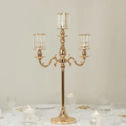 3-Arm Gold Metal Candelabra with Crystal Pendant Glass Shades for Pillar & LED Candles - 34 Inches