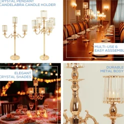 3-Arm Gold Metal Candelabra with Crystal Pendant Glass Shades for Pillar & LED Candles - 34 Inches