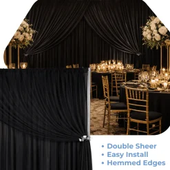 Black Double Sheer Backdrop Drape – 10ft Height x 10ft Wide Chiffon & Polyester Dual Layer Event Divider Curtain with Rod Pockets