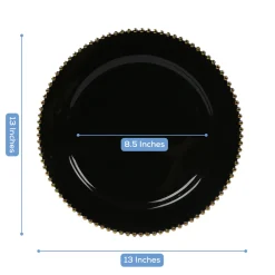 13" Black with Gold Beaded Rim Round Charger Plates – 10 Pieces Reusable Economy Plastic Chargers