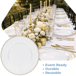 13" Clear with Gold Beaded Rim Round Charger Plates – 10 Pieces Reusable Economy Plastic Chargers