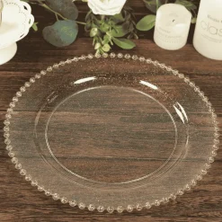 13" Clear with Gold Glitter Round Beaded Rim Charger Plates – 10 Pieces Reusable Economy Plastic Chargers