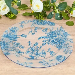 13" Clear with Light Blue Floral Print Round French Toile Charger Plates – 6 Pieces Reusable Acrylic Chargers