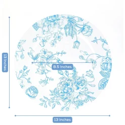 13" Clear with Light Blue Floral Print Round French Toile Charger Plates – 6 Pieces Reusable Acrylic Chargers