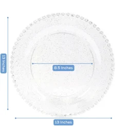 13" Clear with Silver Glitter Round Beaded Rim Charger Plates – 10 Pieces Reusable Economy Plastic Chargers
