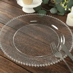13" Clear with Silver Glitter Round Beaded Rim Charger Plates – 10 Pieces Reusable Economy Plastic Chargers