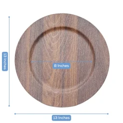 13" Dark Brown Round Faux Wood Finish Charger Plates – 6 Pieces Reusable Plastic Chargers with Wide Rims