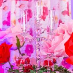 Decostar™ 3 Arm Crystal Candelabra 31" W/ Clear Glass Votive Holders - PAIR of 2!