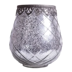 DecoStar™ Diamond Design Mirrored Glass w/ Antiqued Black Metal Trim Candle Holder - 5.5