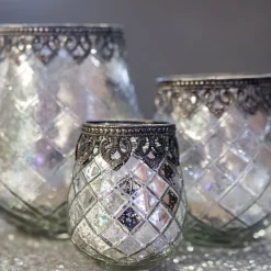 DecoStar™ Diamond Design Mirrored Glass w/ Antiqued Black Metal Trim Candle Holder - 5.5