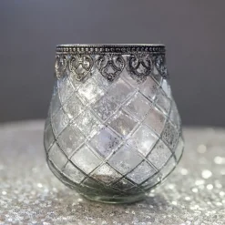 DecoStar™ Diamond Design Mirrored Glass w/ Antiqued Black Metal Trim Candle Holder - 5.5