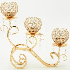 Decostar™ Gold and Crystal Bead Tabletop Low Candelabra - 16" x 4" x 15¼"