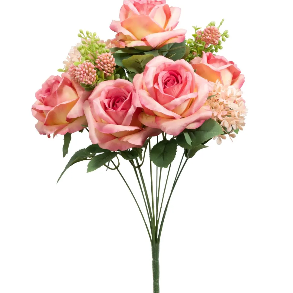Decostar™ 12 Head Bulgarian Rose And Snow Ball Hydrangea Bush 19" - Fuchsia & Pink