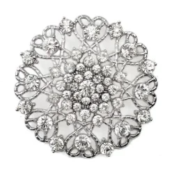 DecoStar™ Ornate Diamond-Encrusted Round Brooch in Silver
