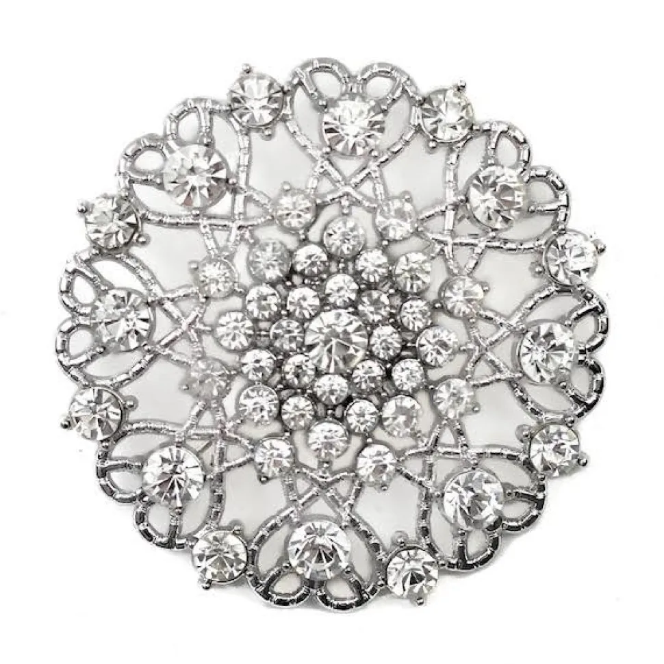 DecoStar™ Ornate Diamond-Encrusted Round Brooch in Silver