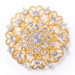 DecoStar™ Ornate Diamond-Encrusted Round Brooch in Gold