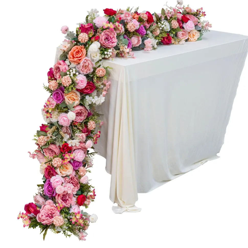 Decostar™ Rose with Greenery Table Runner 78" - Mixed Pink