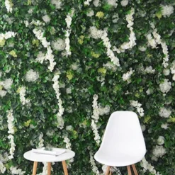 Deluxe Mixed Greenery Wall w/ White Florals - Curtain Style - Easy Install! Select Size