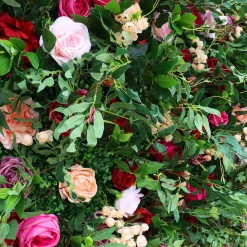 Deluxe Mixed Greenery w/ Maroon & Pink Florals - Curtain Style Floral Wall - Easy Install! Select Size