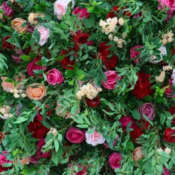 Deluxe Mixed Greenery w/ Maroon & Pink Florals - Curtain Style Floral Wall - Easy Install! Select Size