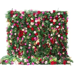 Deluxe Mixed Greenery w/ Maroon & Pink Florals - Curtain Style Floral Wall - Easy Install! Select Size