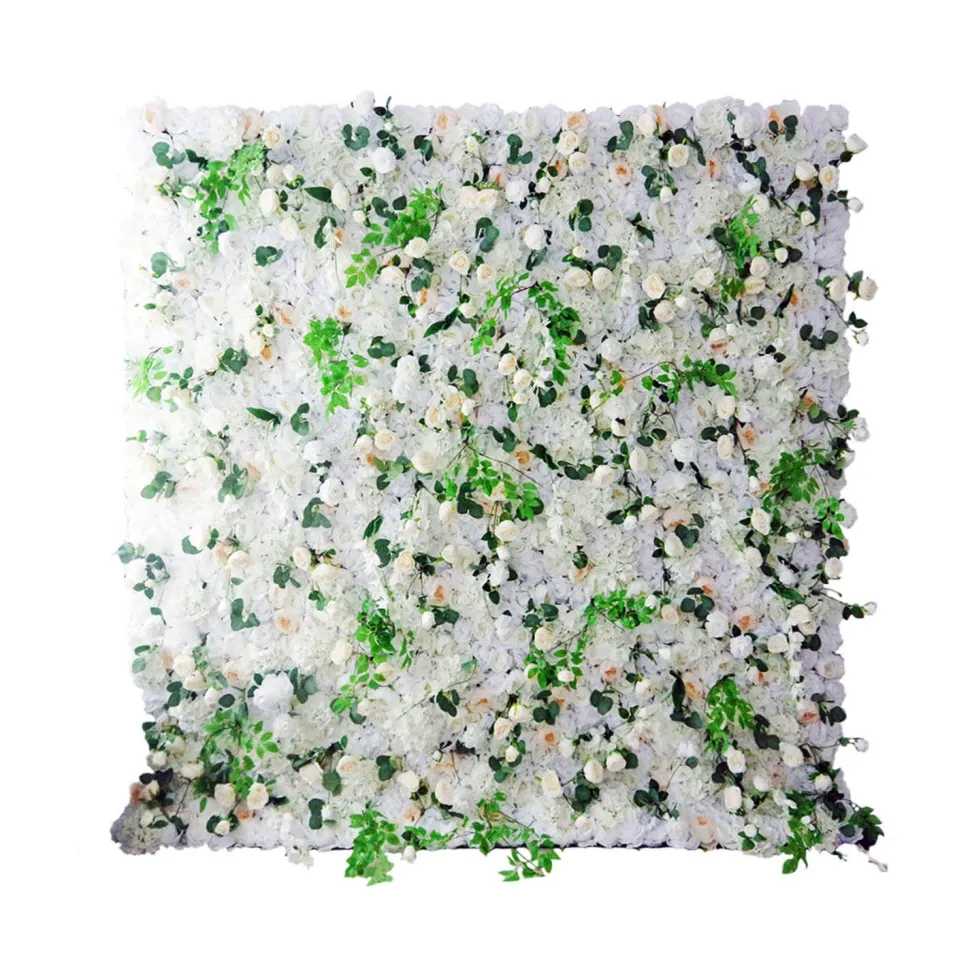 Deluxe Mixed White Florals w/ Greenery - Curtain Style Floral Wall - Easy Install! Select Size
