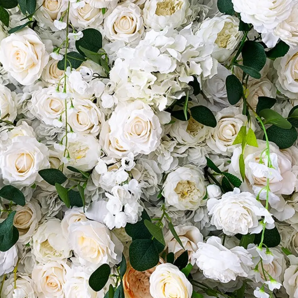 Deluxe Mixed White & Pink Florals w/ Greenery - Curtain Style Floral Wall - Easy Install! Select Size