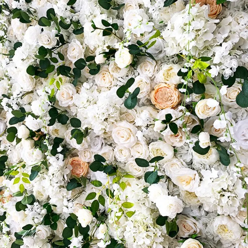 Deluxe Mixed White & Pink Florals w/ Greenery - Curtain Style Floral Wall - Easy Install! Select Size
