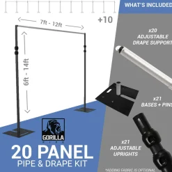 DELUXE-20 Panel Black Anodized Pipe and Drape Kit / Backdrop - 6-14 Feet Tall (Adjustable) Comes W/ 3 Piece Uprights for Maximum Height Adjustment