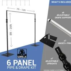 DELUXE-6 Panel Black Anodized Pipe and Drape Kit / Backdrop - 8-20 Feet Tall (Adjustable) Comes W/ 3 Piece Uprights for Maximum Height Adjustment