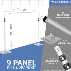 DELUXE-9 Panel Pipe and Drape Kit / Backdrop - 8-18 Feet Tall (Adjustable) Comes W/ 3 Piece Uprights for Maximum Height Adjustment