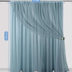 Dusty Blue Double Sheer Backdrop Drape – 10ft Height x 10ft Wide Chiffon & Polyester Dual Layer Event Divider Curtain with Rod Pockets