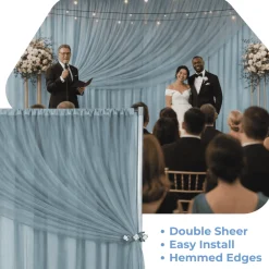 Dusty Blue Double Sheer Backdrop Drape – 10ft Height x 10ft Wide Chiffon & Polyester Dual Layer Event Divider Curtain with Rod Pockets