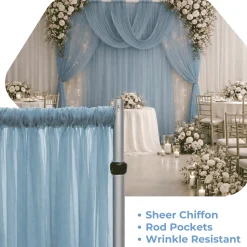Dusty Blue Sheer Chiffon Valance Curtain – Curved Backdrop Swag Topper with Rod Pocket (4ft Wide x 4ft, 5ft, 6ft Height Options)