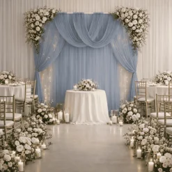 Dusty Blue Sheer Chiffon Valance Curtain – Curved Backdrop Swag Topper with Rod Pocket (4ft Wide x 4ft, 5ft, 6ft Height Options)