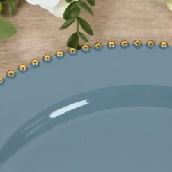 13" Dusty Blue with Gold Beaded Rim Round Charger Plates – 10 Pieces Reusable Economy Plastic Chargers