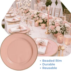 13" Dusty Rose with Gold Beaded Rim Round Charger Plates – 10 Pieces Reusable Economy Plastic Chargers