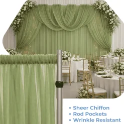 Dusty Sage Green Sheer Chiffon Valance Curtain – Curved Backdrop Swag Topper with Rod Pocket (4ft Wide x 4ft, 5ft, 6ft Height Options)