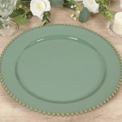 13" Dusty Sage Green with Gold Beaded Rim Round Charger Plates – 10 Pieces Reusable Economy Plastic Chargers